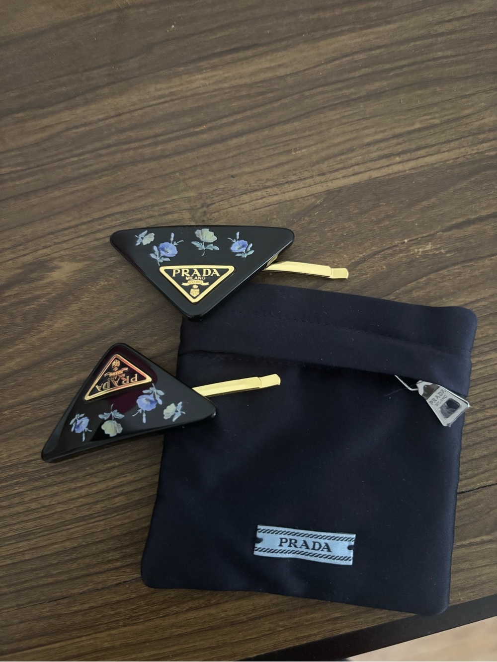 PRADA Black Floral Triangle Hair Clips - Set of 2